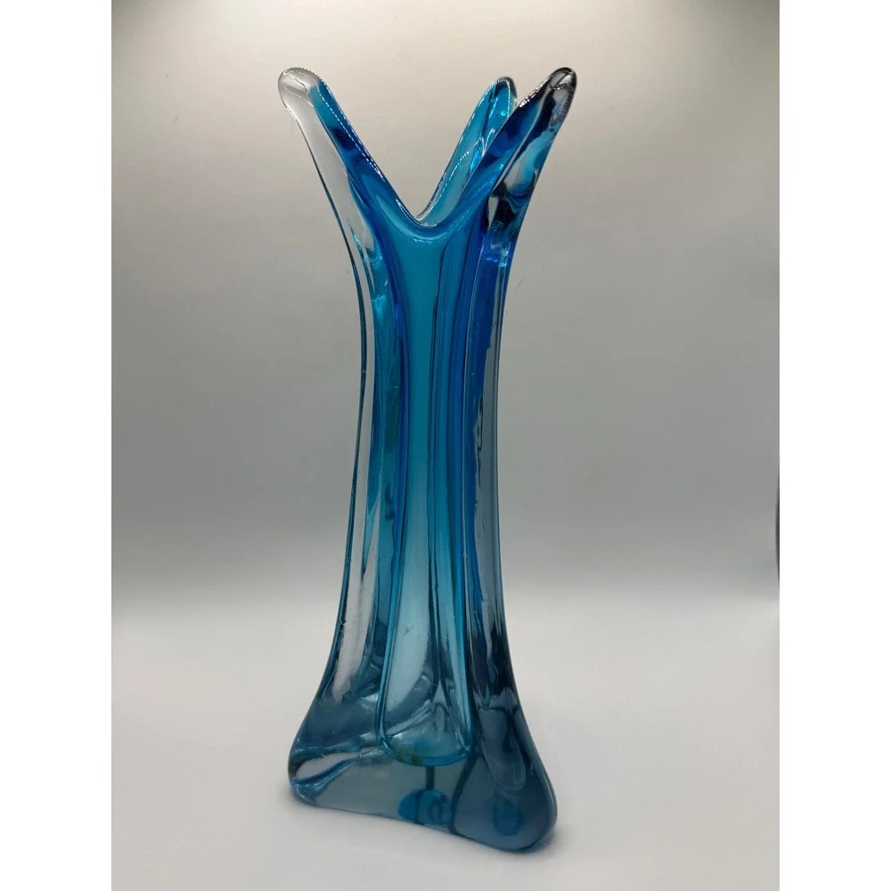 Vintage Blue Sommerso Art Glass Pulled Swung 3 Prong Vase Mid Century Modern 12